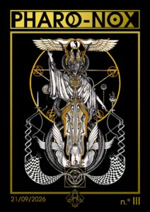 Portada del Nº III de Pharo-Nox: ilustración de Ina Auderieth de El Mago del Tarot, alado y coronado por el Huevo de Akasha, en el centro de un pentagrama entre serpientes, sobre un cráneo del que emerge una figura en meditación y la doble espiral ascendente de la Kundalini