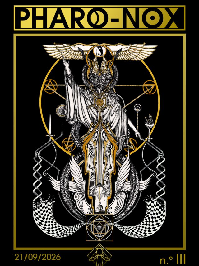 Portada del Nº III de Pharo-Nox: ilustración de Ina Auderieth de El Mago del Tarot, alado y coronado por el Huevo de Akasha, en el centro de un pentagrama entre serpientes, sobre un cráneo del que emerge una figura en meditación y la doble espiral ascendente de la Kundalini