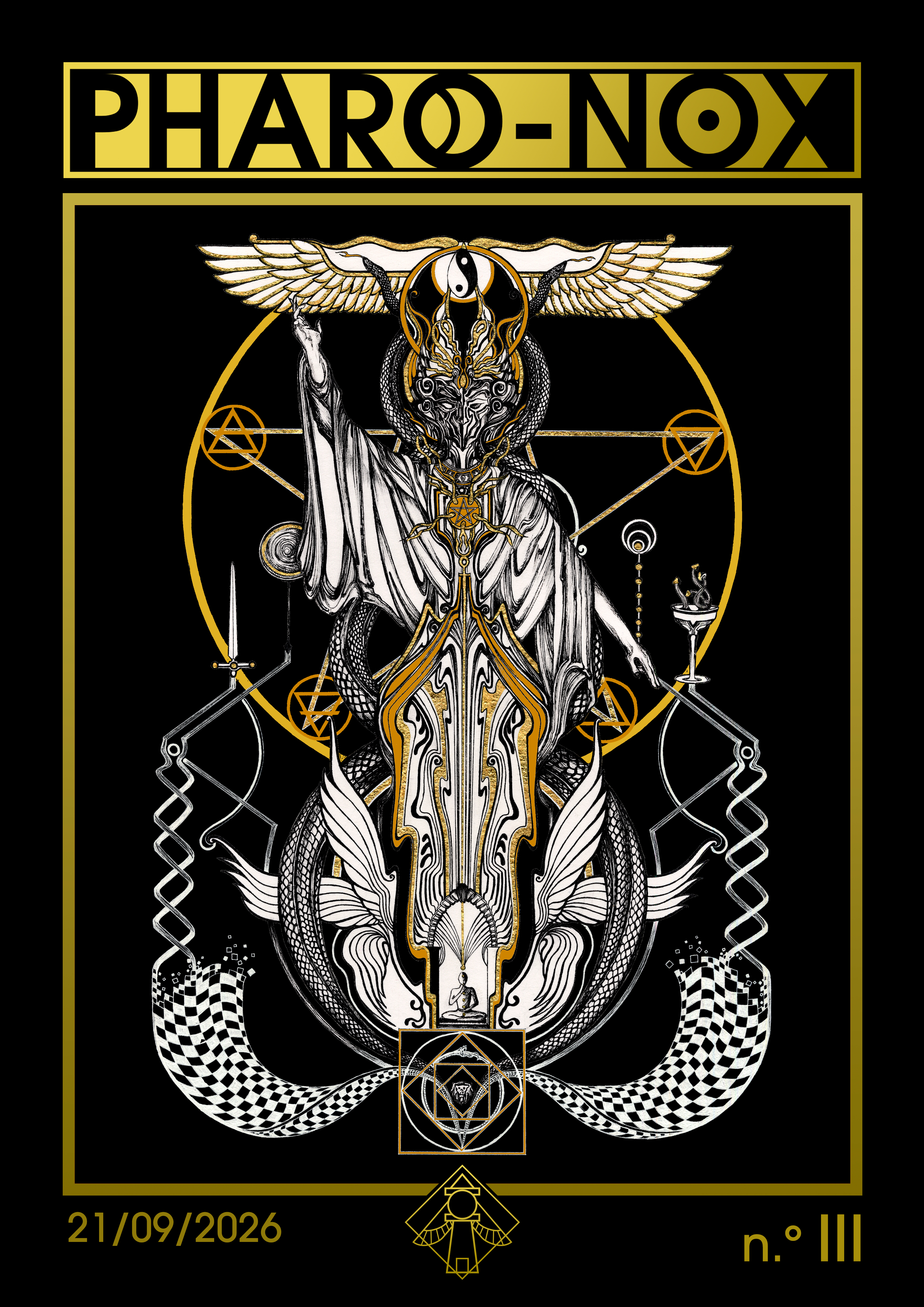 Portada del Nº III de Pharo-Nox: ilustración de Ina Auderieth de El Mago del Tarot, alado y coronado por el Huevo de Akasha, en el centro de un pentagrama entre serpientes, sobre un cráneo del que emerge una figura en meditación y la doble espiral ascendente de la Kundalini